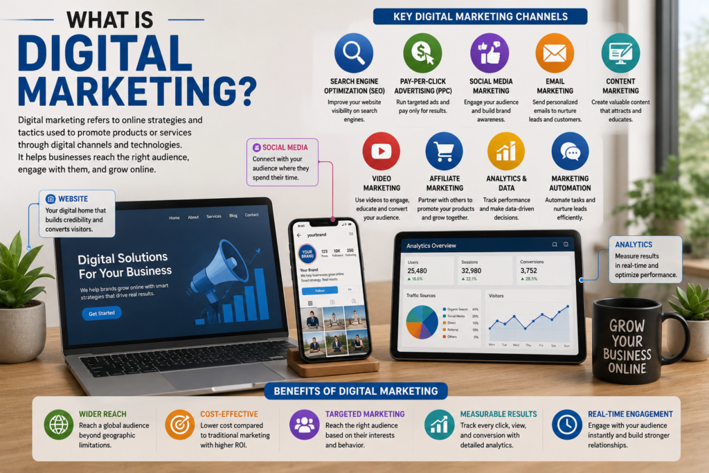 What is digital marketing infographic showing key channels like SEO, PPC, social media, email, content, video, and analytics with benefits of digital marketing