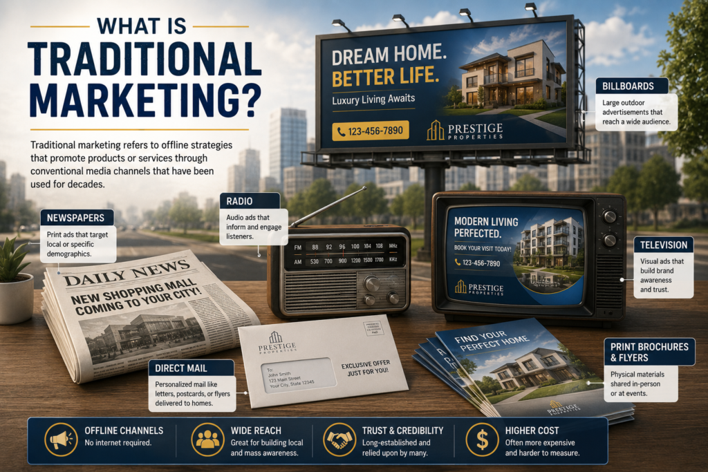 What is traditional marketing infographic showing examples of traditional advertising including billboards, newspapers, radio, TV, direct mail, and print brochures