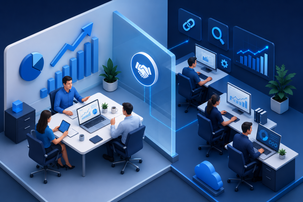 White label SEO services agency team working with an outsourced SEO partner