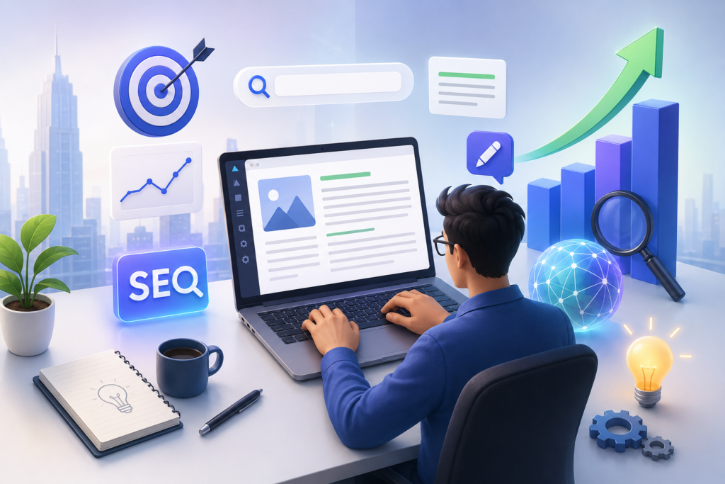 Modern illustration of SEO content writing, search optimization, analytics, and business growth with a professional digital workspace.