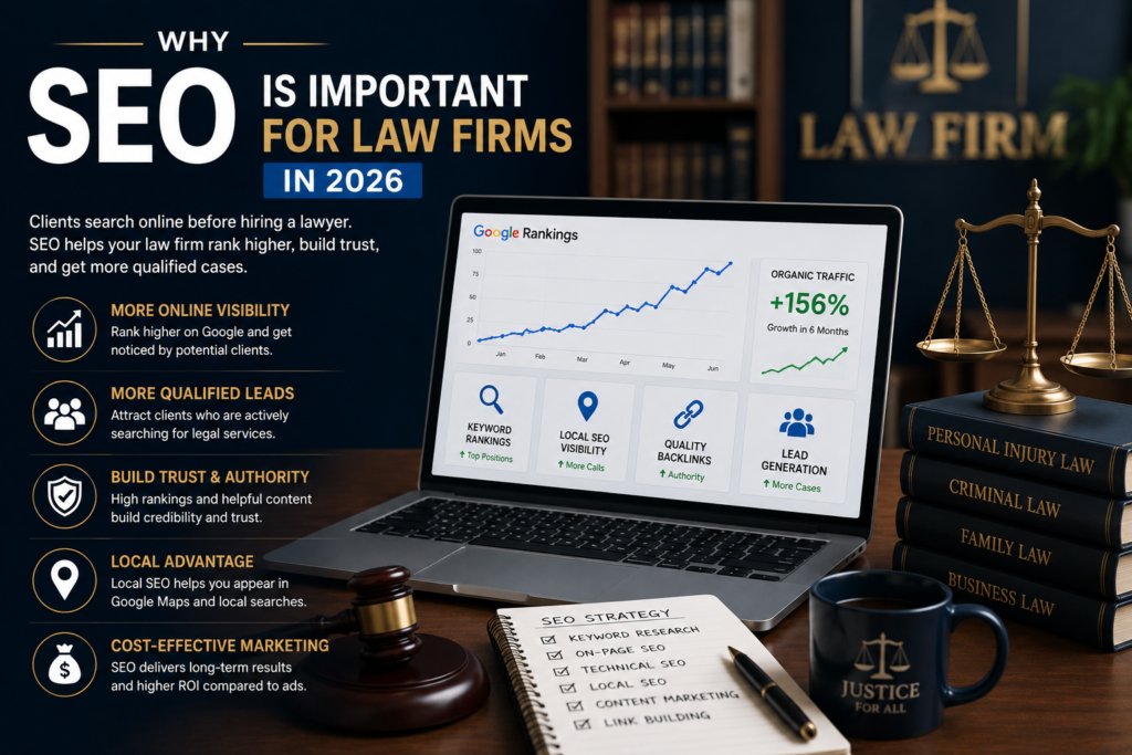 Why SEO is important for law firms in 2026 featuring Google rankings, local SEO, keyword research, legal marketing, and organic traffic strategies to help lawyers attract more clients.
