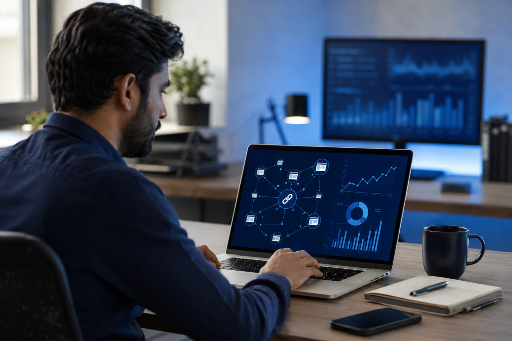 Digital marketing specialist in Pakistan reviewing a backlink analytics dashboard on a laptop as part of a Guest Posting Services Guide with link building and SEO strategy.