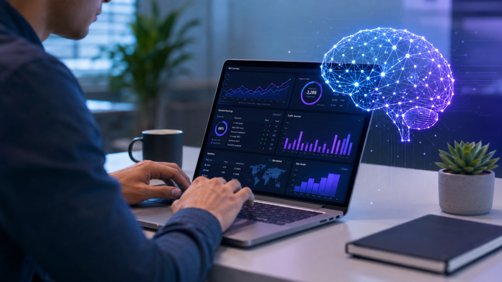 Person analyzing AI SEO tools dashboard on laptop with keyword rankings and traffic charts