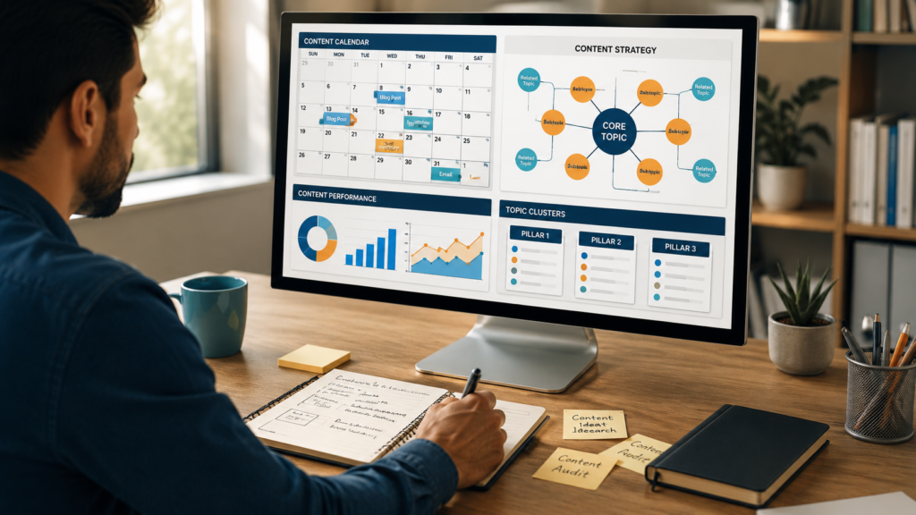 Marketer reviewing content marketing strategy dashboard with calendar topic clusters and performance charts