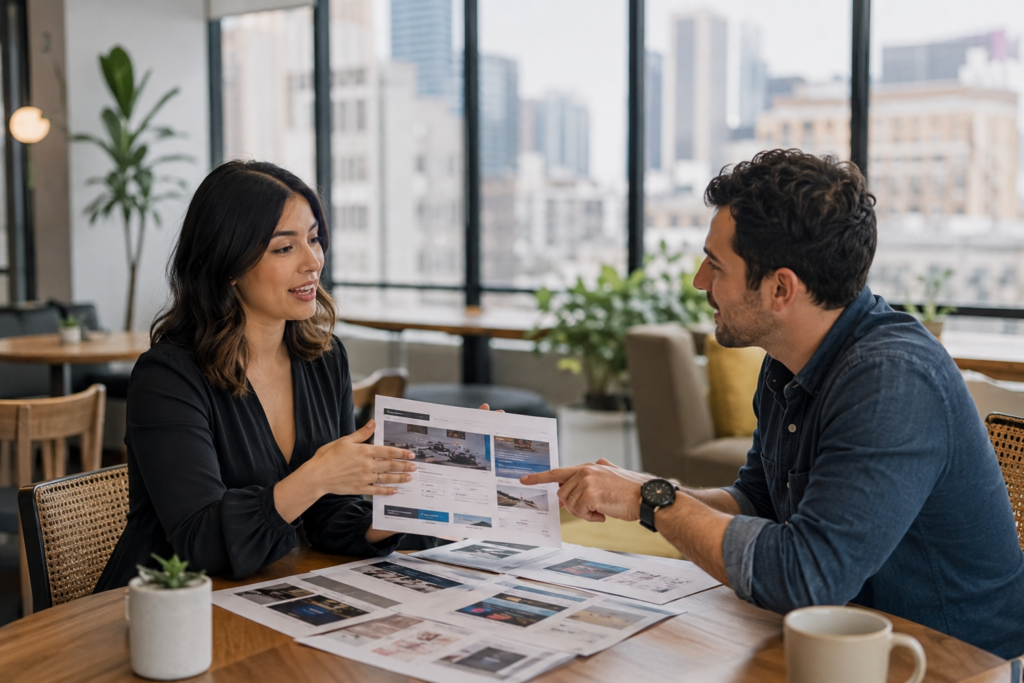 web designer discussing guest post opportunities in okc with a client over a portfolio