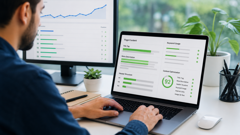 Specialist reviewing on page SEO services audit dashboard showing title tag meta description and header structure scores