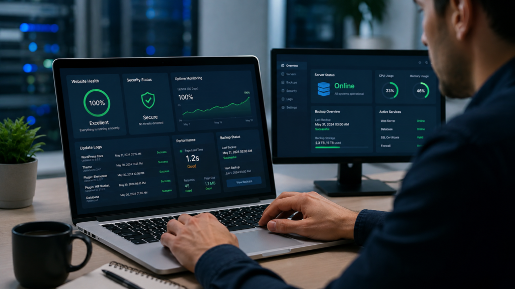 Specialist monitoring website maintenance services dashboard showing uptime security status and backup logs