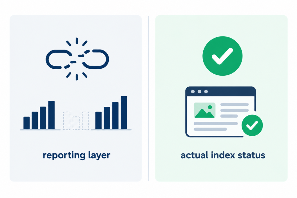 diagram showing a reporting layer gap next to a confirmed actual index status for search console missing june data