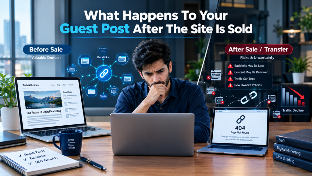 What happens to your guest post after the site is sold - Professional illustration showing domain transfer impact, backlink loss, and content migration risks when websites change ownership, affecting SEO authority and link equity from published guest posts