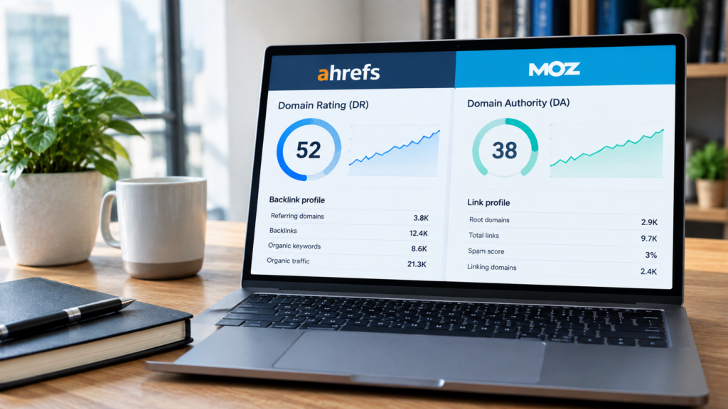 Two gauges side by side showing different readings to illustrate Ahrefs DR vs Moz DA