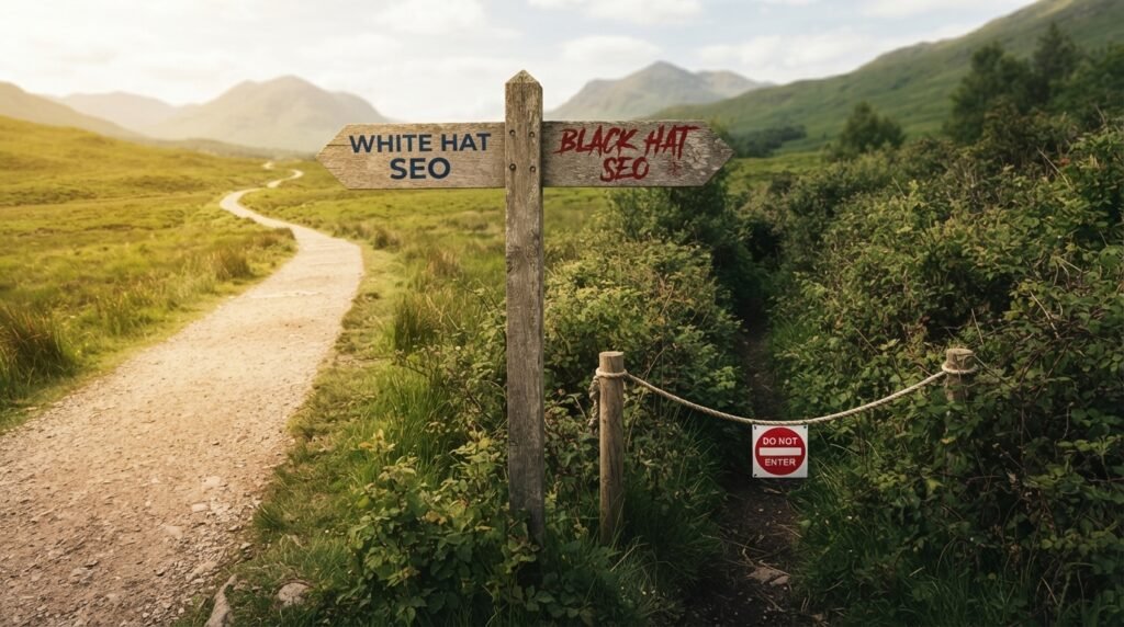 Clear marked trail beside a barred shortcut path illustrating black hat SEO vs white hat SEO