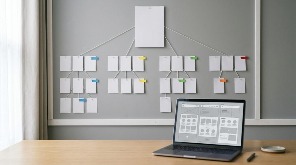 Planning board with connected cards and a laptop showing website layouts to illustrate content strategy services