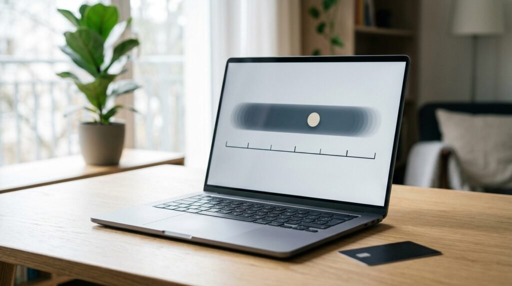 Laptop showing a wide volume range band beside a blank bank card to illustrate Google Keyword Planner volume ranges and billing