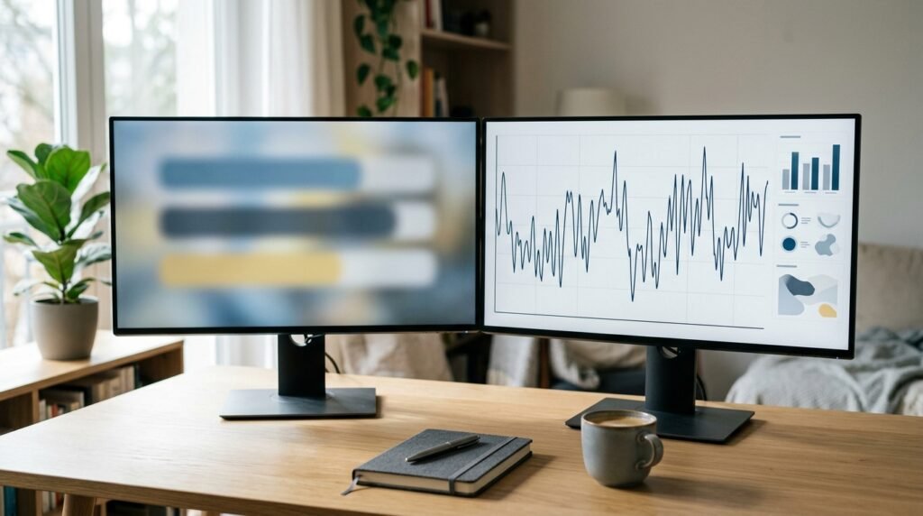 Two monitors side by side, one showing broad blurred bars and the other a detailed analytics dashboard, illustrating Google Keyword Planner vs Ahrefs