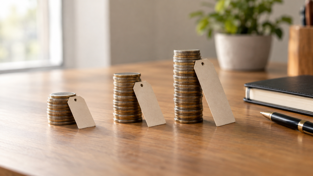 Three stacks of coins of rising height with blank price tags illustrating guest post cost by link type