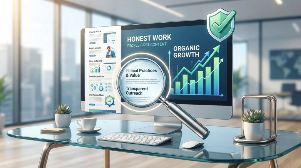 Illustration representing honest white hat SEO practices and high-quality content inspection