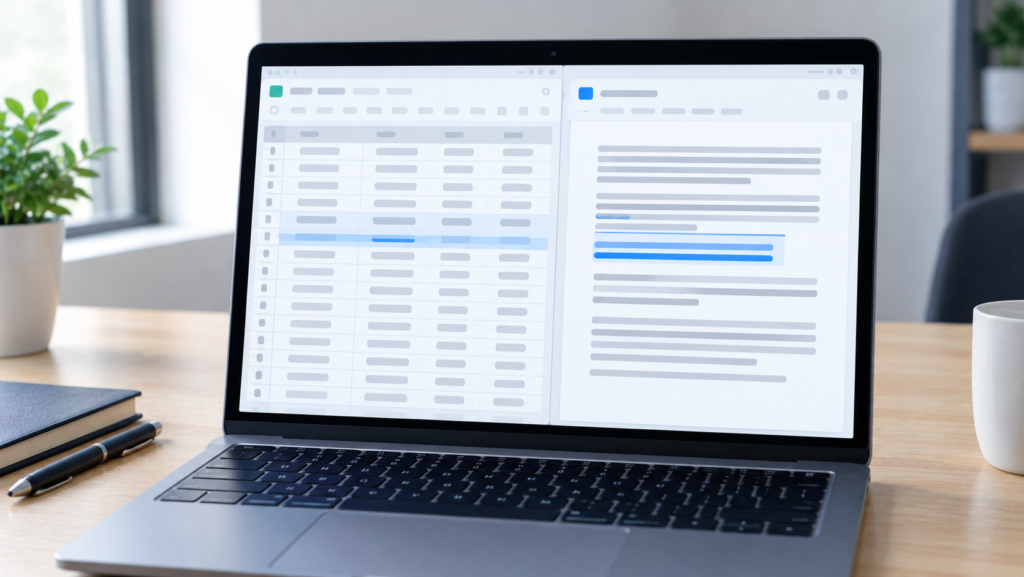 Laptop with a document and a spreadsheet each showing an underlined highlighted link to illustrate how to insert a link