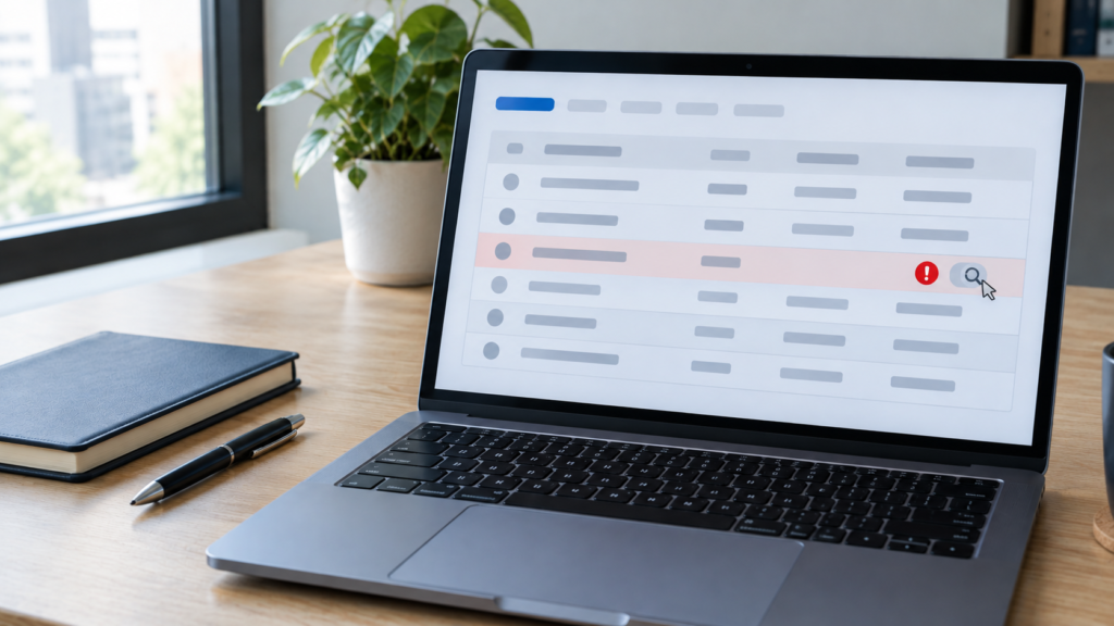 Laptop showing a report table with one flagged row and a magnifying glass to illustrate sitemap could not fetch in Search Console