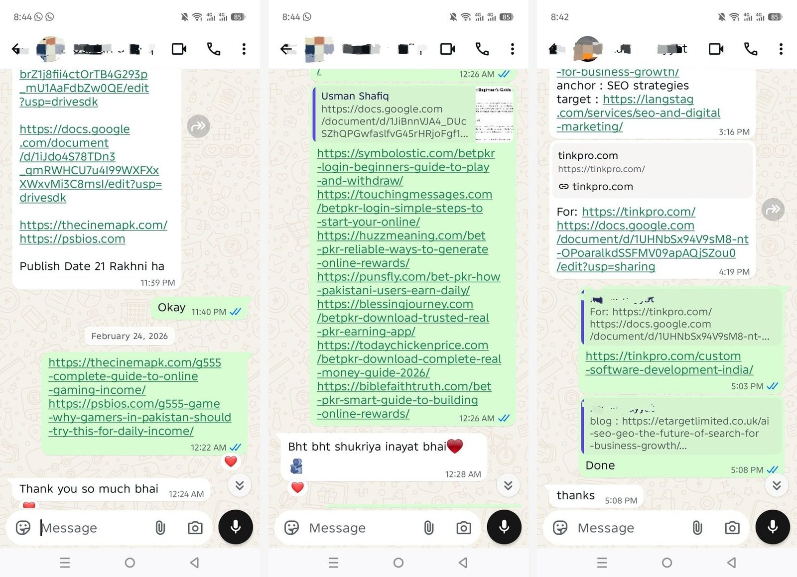 Three WhatsApp chat screenshots merged side by side horizontally