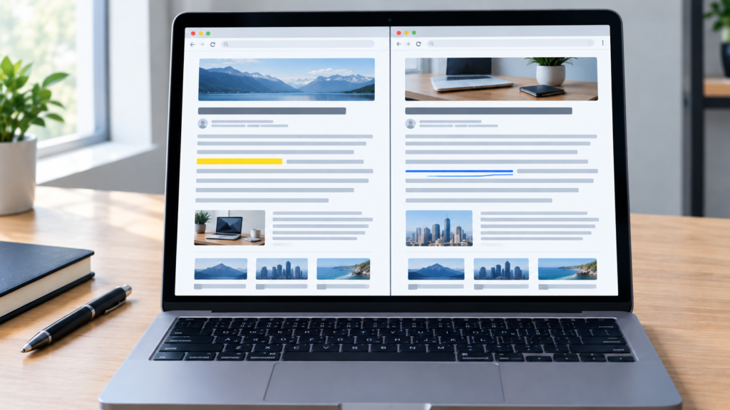 Laptop screen comparing a highlighted name with no link and a linked one to illustrate unlinked mentions SEO